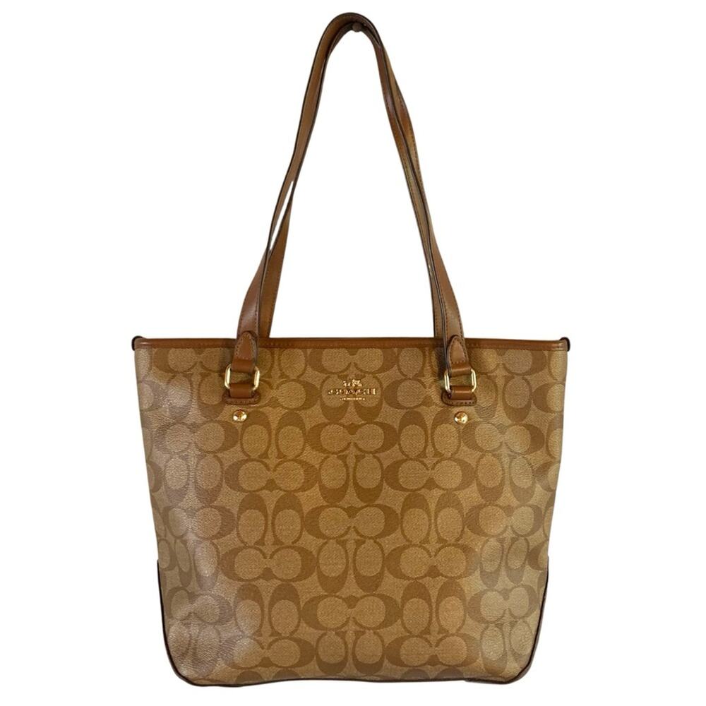 Coach Tan Signature Leather Tote Bag with Gold Hardware